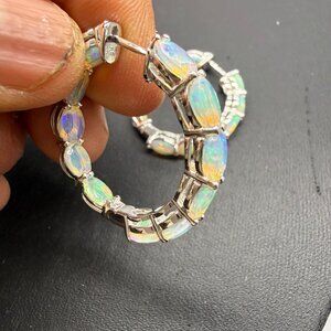 Ethiopian Opal Hoop Sterling Silver Oval Earrings JTV